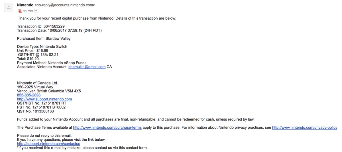 Nintendo email